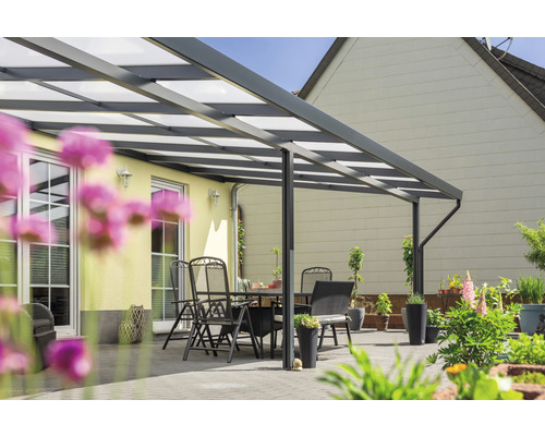 Toiture de terrasse gutta Premium polycarbonate bronze 1014 x 306 cm anthracite Terrasse avec auvent, meubles de jardin et plantes