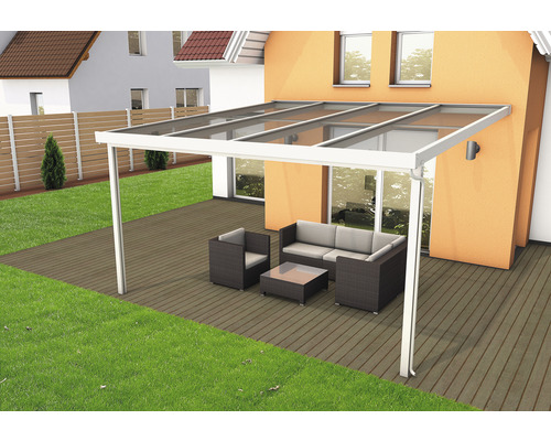 Toiture de terrasse gutta Premium polycarbonate bronze 410,2 x 406 cm blanc Pergola avec mobilier de jardin sur une terrasse en bois