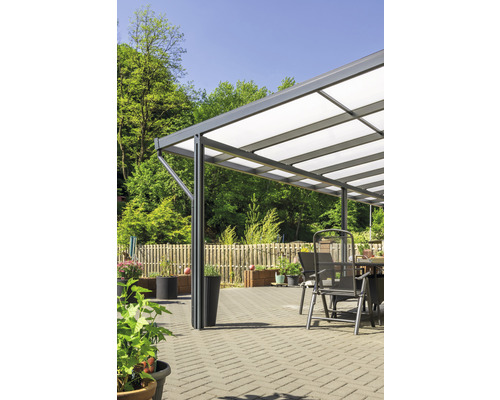 Toiture de terrasse gutta Premium polycarbonate opale 1014 x 406 cm anthracite Terrasse avec auvent, mobilier de jardin et aménagement paysager pour l''extérieur.