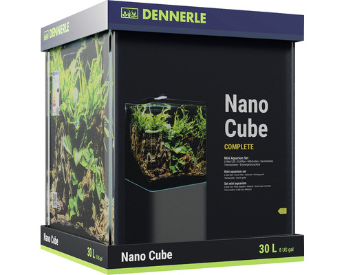 Aquarium DENNERLE Nano Cube Complete, 30 L, éclairage LED Chihiros C 251 avec filtre intérieur, vitres de couverture, support de sécurité, film pour la paroi arrière Scaper‘s Back, brochure pour débutant, terreau, graviers et thermomètre