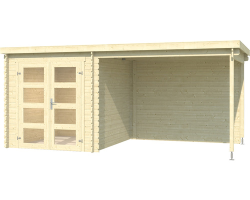 Abri de jardin en bois avec double porte et auvent latéral