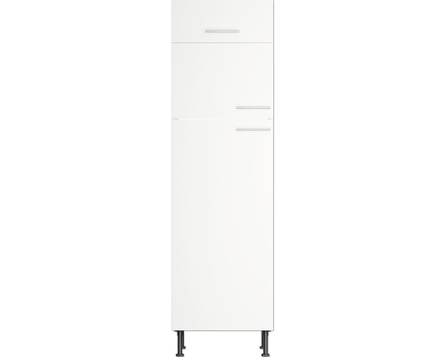 Armoire haute de cuisine blanche avec trois portes et poignées en métal