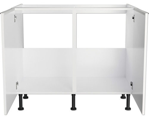 Meuble bas blanc avec quatre compartiments et pieds noirs