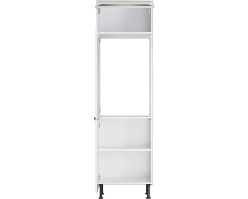 Meuble de cuisine blanc avec compartiments ouverts et pieds