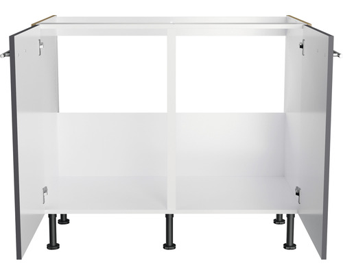 Meuble bas de cuisine avec portes ouvertes et pieds noirs