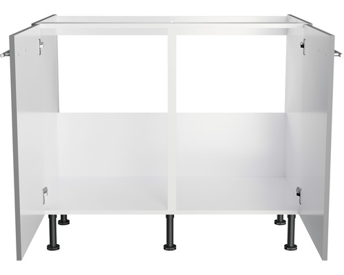 Meuble sous-lavabo avec portes ouvertes et quatre pieds