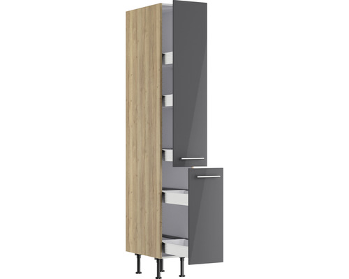 Armoire haute de cuisine avec éléments coulissants, portes grises et pieds