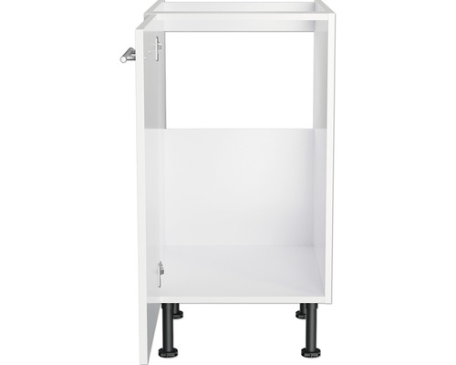 Meuble bas de cuisine blanc avec pieds noirs.