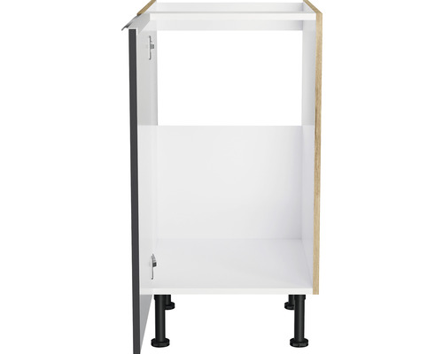 Meuble bas de cuisine avec façade ouverte et pieds réglables en hauteur