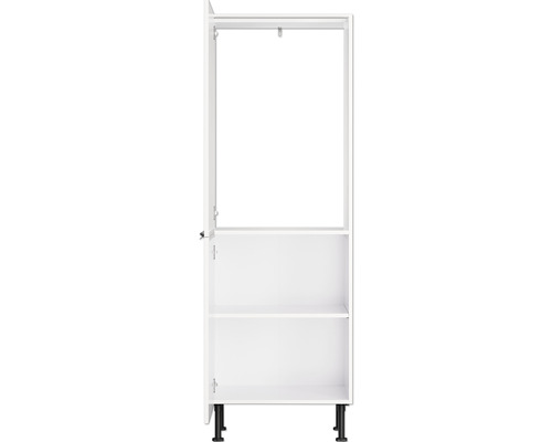 Armoire haute blanche avec porte ouverte, étagères et pieds noirs