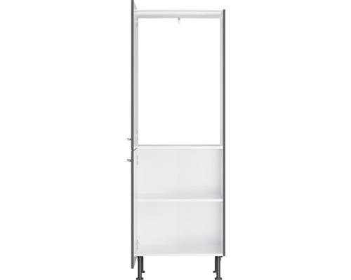 Armoire haute ouverte grise avec étagères et tringle