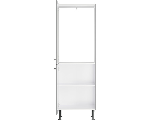 Armoire haute blanche avec portes ouvertes et étagères