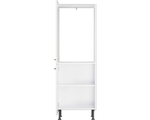 Armoire de cuisine blanche avec portes ouvertes et étagères