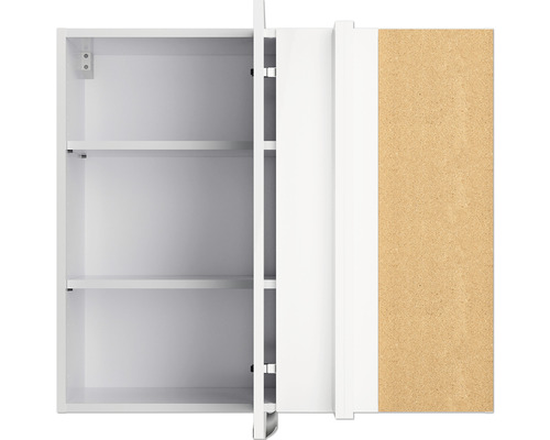 Armoire de salle de bain blanche ouverte avec étagères