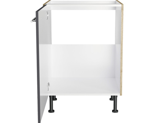 Meuble bas de cuisine avec porte ouverte et étagère intérieure