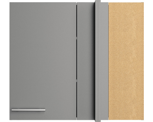 Vue détaillée d''un meuble de salle de bains gris avec poignée