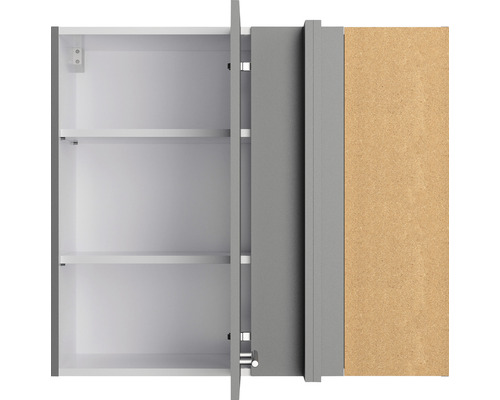 Armoire de toilette grise ouverte avec étagères