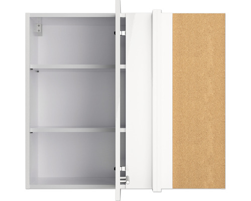 Armoire de toilette blanche ouverte avec étagères