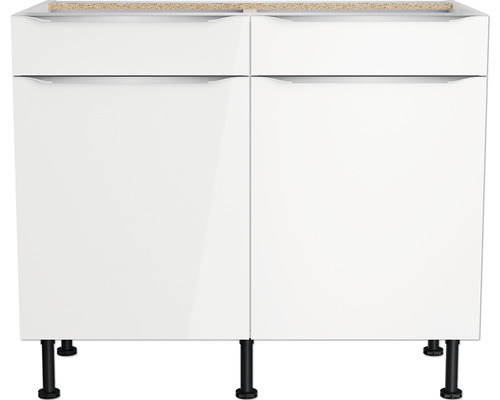 Meuble bas de salle de bains blanc avec deux tiroirs et deux portes