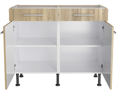 Meuble bas avec deux tiroirs, deux portes et étagères