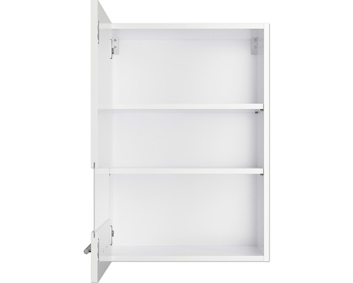 Armoire murale blanche ouverte avec étagères