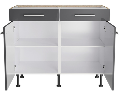 Meuble bas avec deux tiroirs et deux portes ouvertes avec étagères