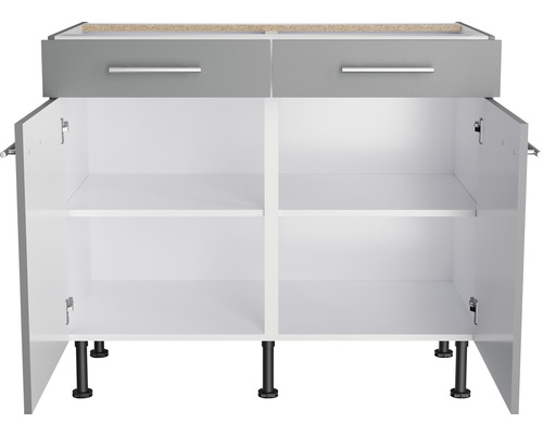 Meuble bas de cuisine avec deux tiroirs, deux portes et des étagères