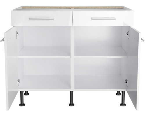 Meuble bas avec deux tiroirs, deux portes ouvertes et deux étagères