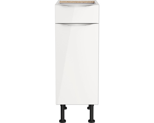 Meuble bas blanc avec une porte et pieds noirs pour salle de bain