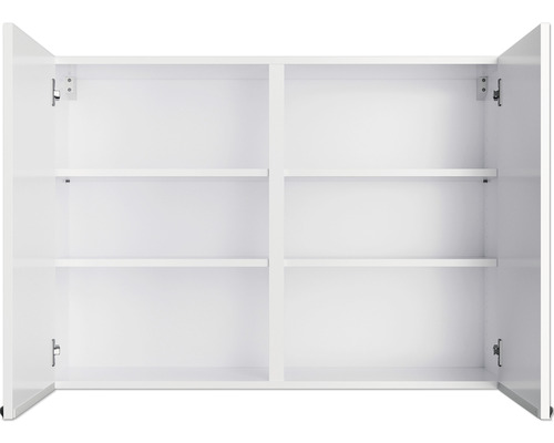 Armoire murale blanche ouverte avec étagères pour salles de bains et autres pièces.