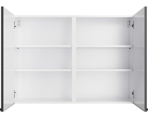 Armoire de salle de bain ouverte avec plusieurs étagères