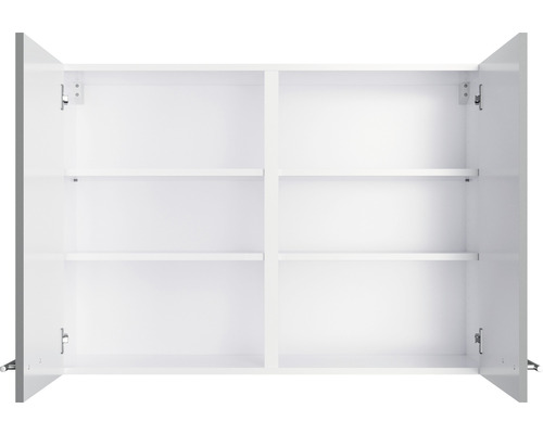 Armoire de salle de bains blanche ouverte avec deux portes et des étagères.