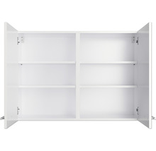 Weißer Hängeschrank mit offenen Türen und Innenregalen.