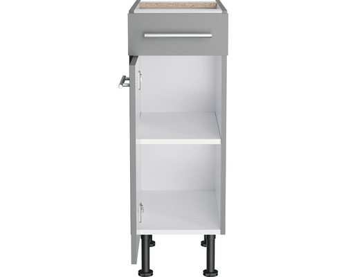 Meuble bas gris avec tiroir et deux étagères