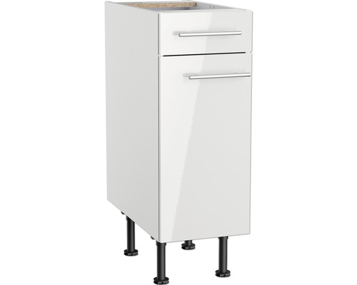Meuble bas avec tiroir et porte pivotante Optifit Rurik986 30 x 58,4 x 87 cm façade blanc brillant corps blanc butée réversible Meuble bas de cuisine avec deux tiroirs et pieds
