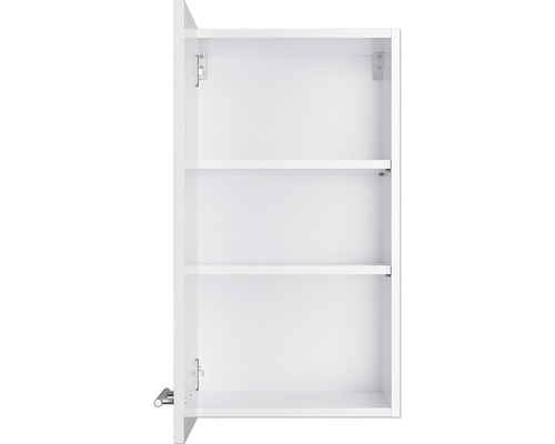 Armoire de salle de bain blanche ouverte avec étagères