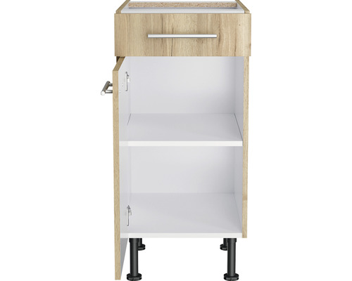 Meuble sous-lavabo avec tiroir, porte ouverte et deux étagères