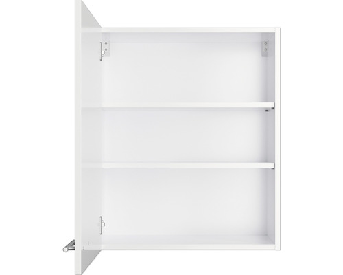 Armoire murale blanche ouverte avec deux étagères