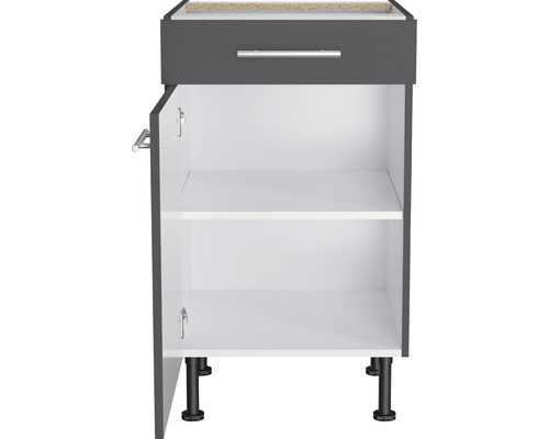 Meuble bas avec tiroir et porte ouverte pour plus de rangement