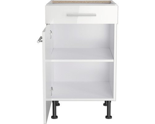 Meuble bas blanc avec tiroir et porte ouverte