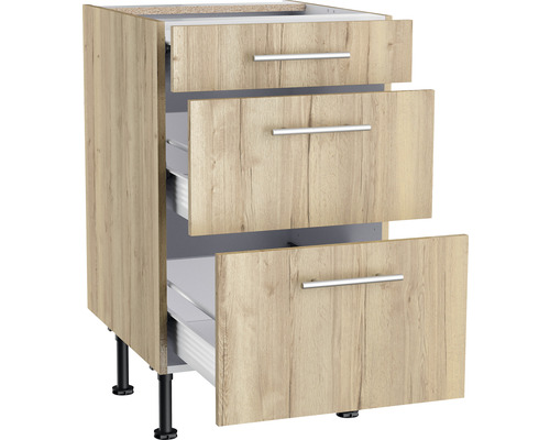 Meuble bas avec trois tiroirs et pieds réglables en hauteur