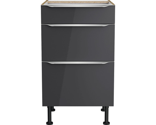 Meuble bas gris avec trois tiroirs et pieds