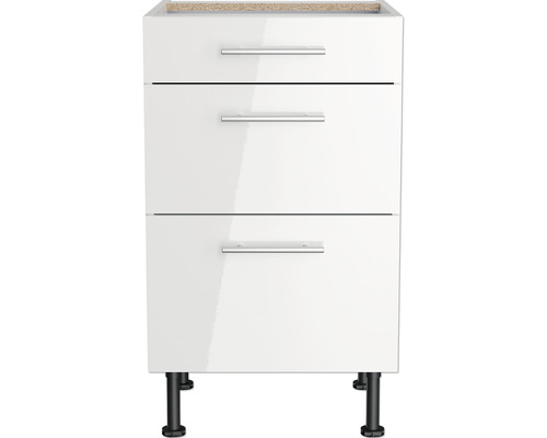 Meuble bas blanc avec trois tiroirs et pieds noirs.