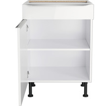 Meuble bas blanc avec porte ouverte et deux étagères