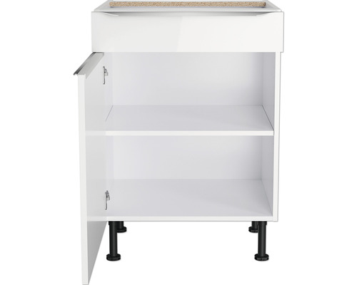 Meuble bas blanc avec porte ouverte et deux étagères