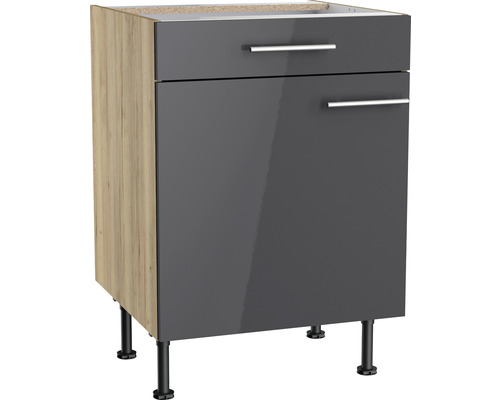 Meuble bas Optifit avec tiroir et porte pivotante Jonte984 lxpxh 60x58,4x87 cm anthracite brillant démonté tirant réversible (montage à gauche ou à droite) Meuble bas avec tiroir et porte pour meubles de cuisine