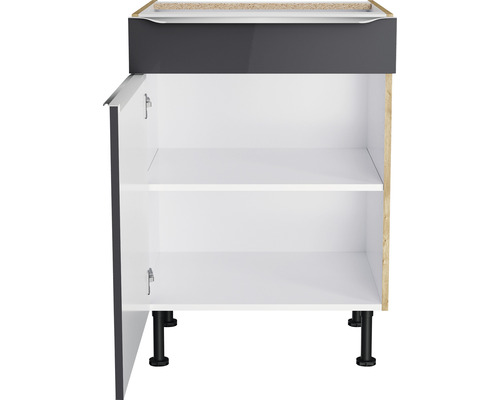 Meuble bas avec porte ouverte, étagères et pieds