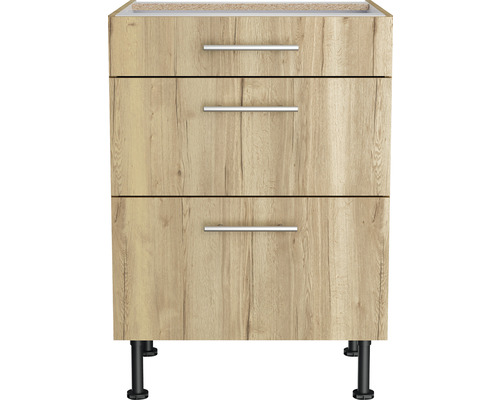 Meuble sous-lavabo avec trois tiroirs et pieds