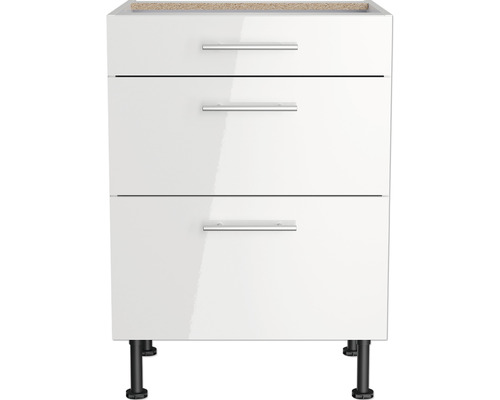 Meuble sous-lavabo avec trois tiroirs et pieds