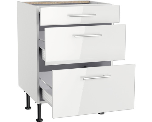 Meuble bas de cuisine avec trois tiroirs et poignées argentées